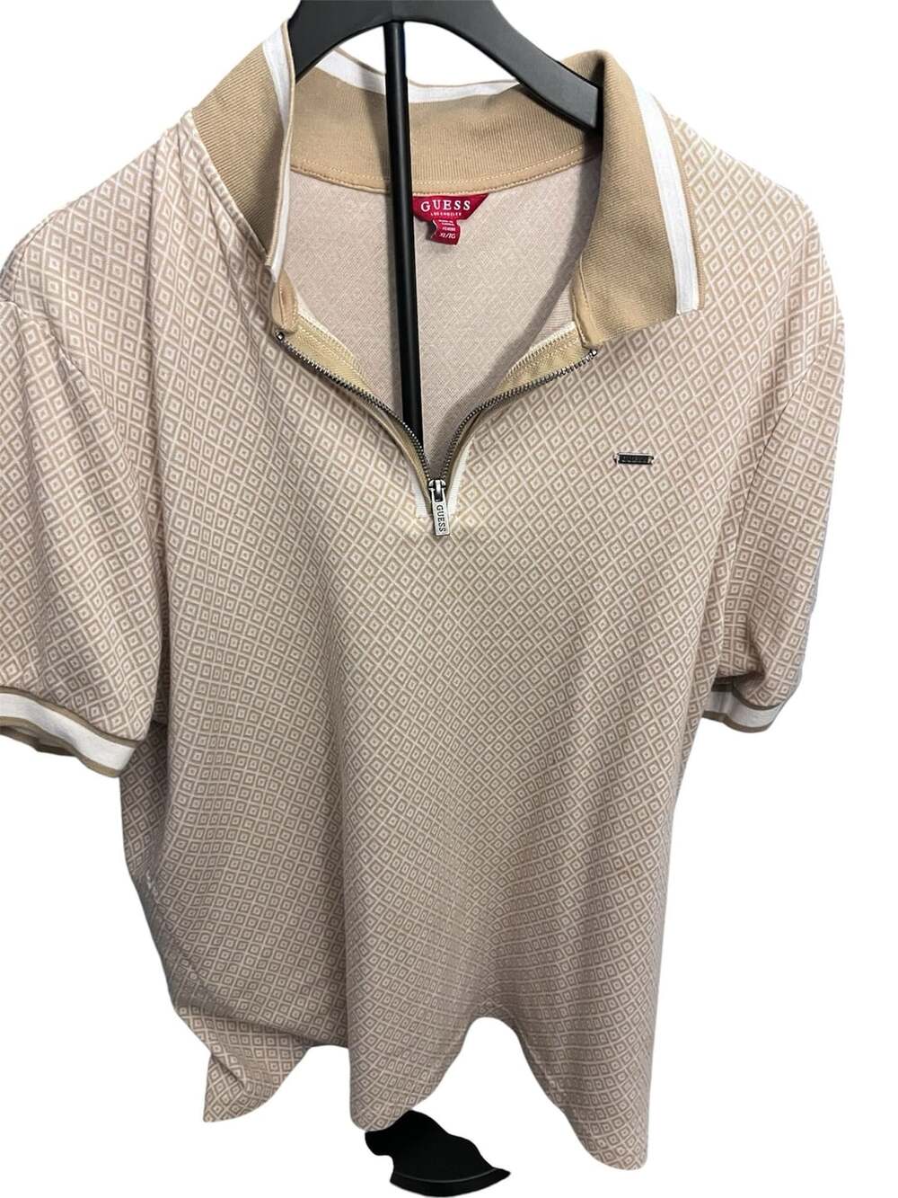 Guess 1/4 Zip Polo Shirt Size XL Tan Geometric Print